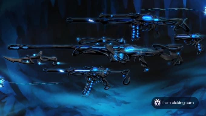 Array of futuristic blue energy weapons floating in a dark cavernous background