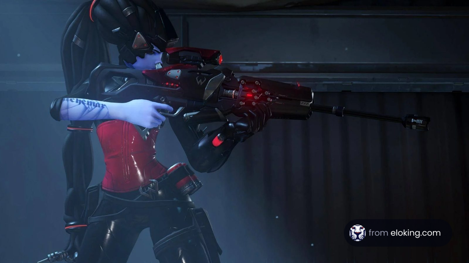 Blue-haired character in futuristic armor aiming a laser gun in a dark setting
