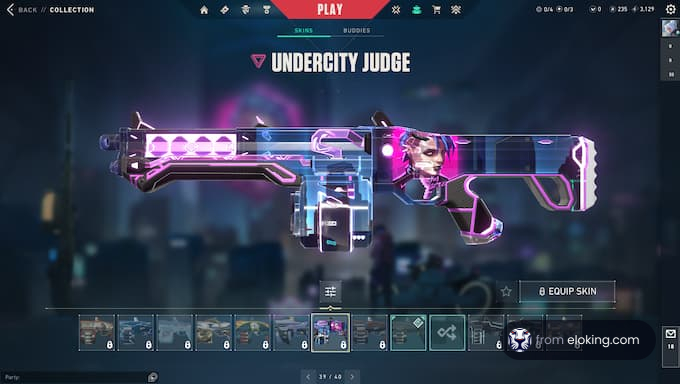 Futuristic blue neon gun skin in a video game interface