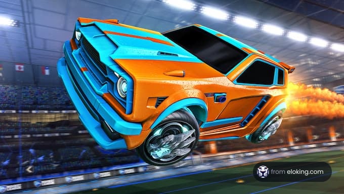 Futuristic blue and orange car playing soccer in a stadium