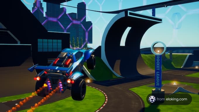 Futuristic blue race car boosting on a track in Rocket League game