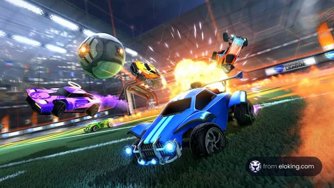 Futuristic cars playing soccer in an arena with a dynamic energy ball and electric effects