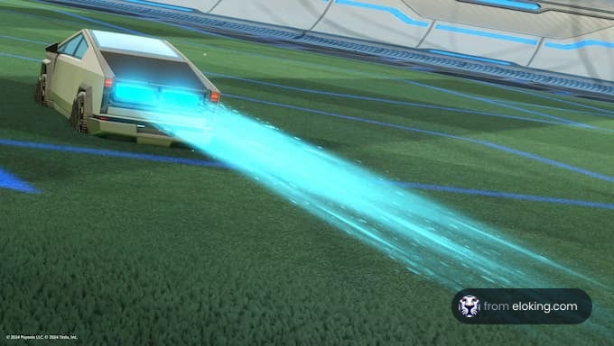 Futuristic car emitting a blue trail on a soccer-like field in a video game