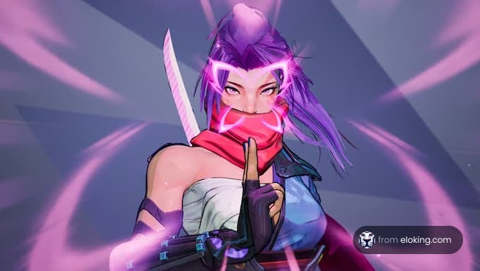 A futuristic character with purple hair, wearing a red scarf and holding a finger to their lips in a cheeky gesture.