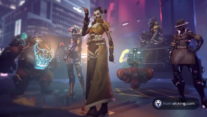A collection of futuristic characters in a vibrant city scene