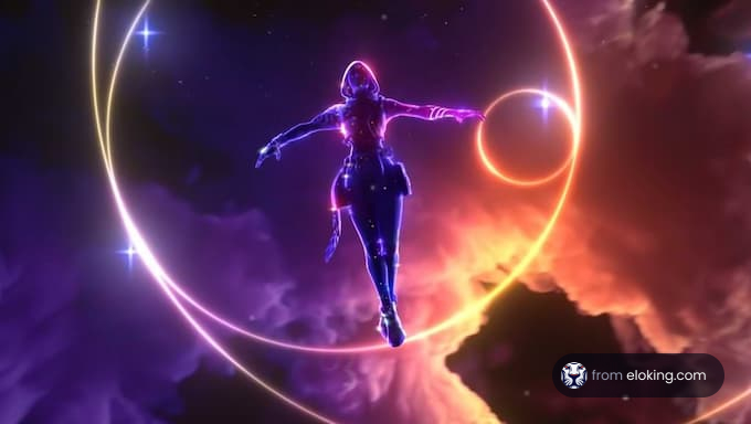 A futuristic character floating in a colorful space environment.