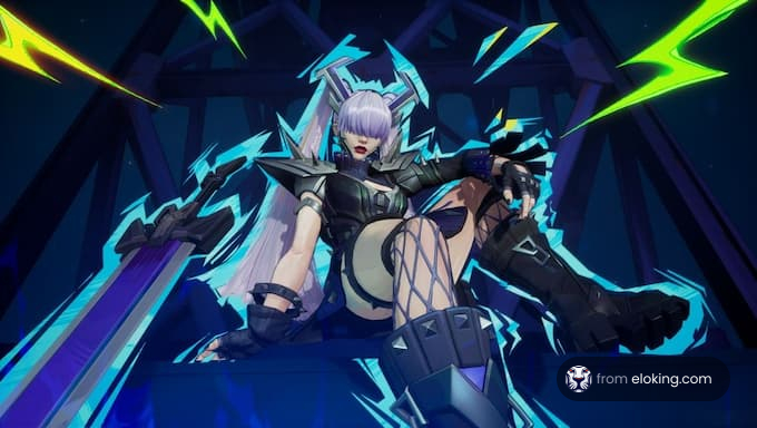 A futuristic character posing with a sword surrounded by electric effects.