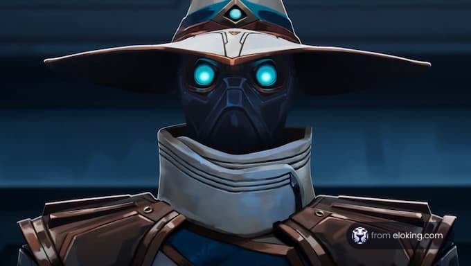 Futuristic character wearing a hat and mask with glowing blue eyes