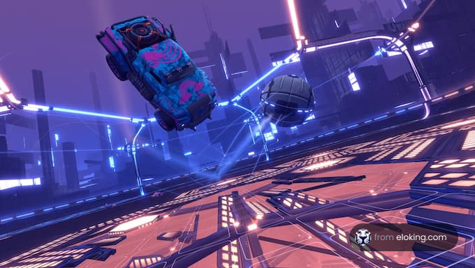 A car performing an airborne stunt in a neon-lit futuristic city