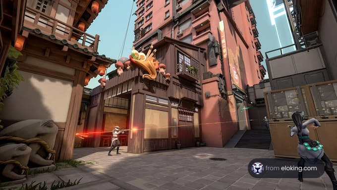 A dynamic scene in a futuristic city with characters engaging in action.