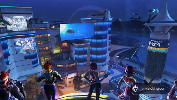Players observing a glowing futuristic cityscape at night in a video game.