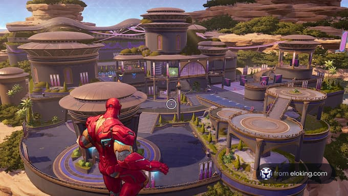 A hero overlooking a futuristic cityscape with advanced architecture.