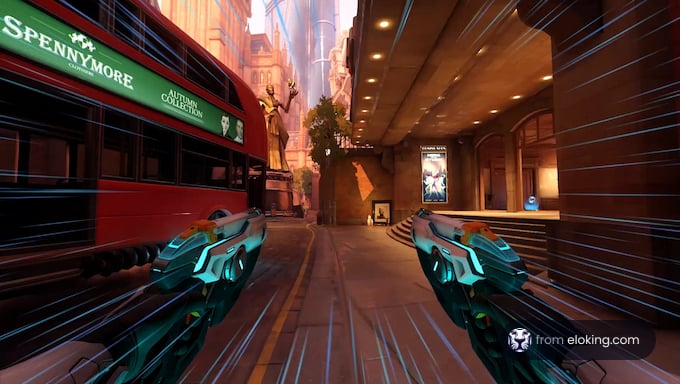 A futuristic urban street scene with double pistols in the foreground