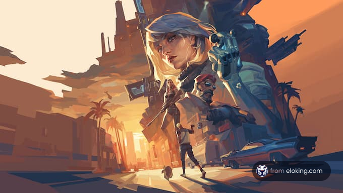 Female warrior with a robot dog in a futuristic cityscape