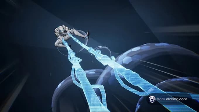 A futuristic cybernetic character in a sci-fi environment.