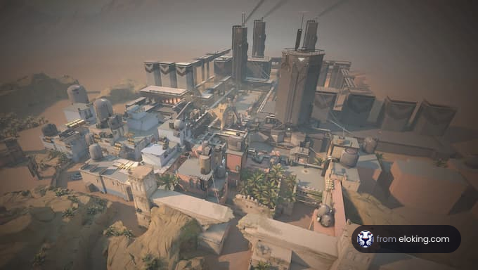 Futuristic desert cityscape with industrial buildings and palm trees