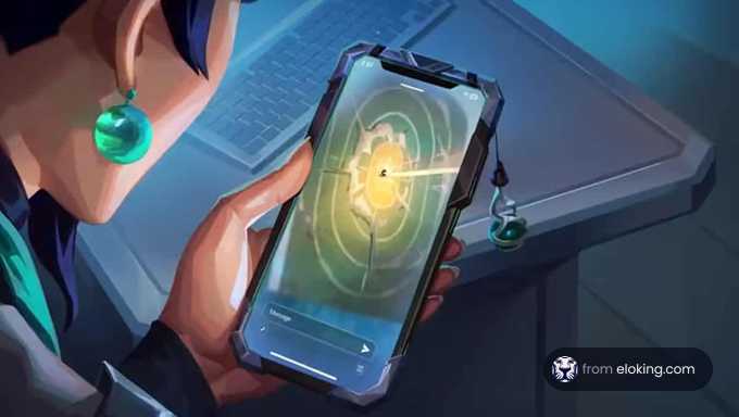 Character holding a futuristic device with a glowing screen