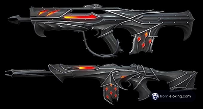 Futuristic black dual laser guns with red glowing elements