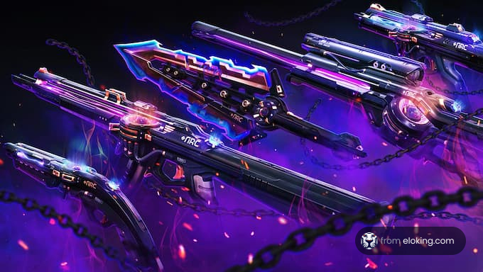 A collection of futuristic energy weapons with vibrant colors and chains.