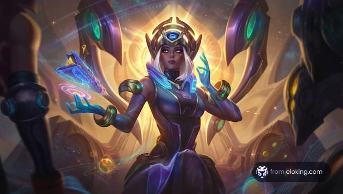 A futuristic fantasy character with a crown and glowing elements