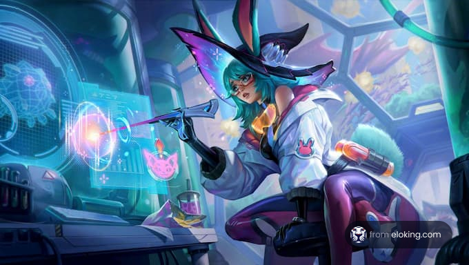 Futuristic female gamer with fantasy elements in a vibrant gaming setup