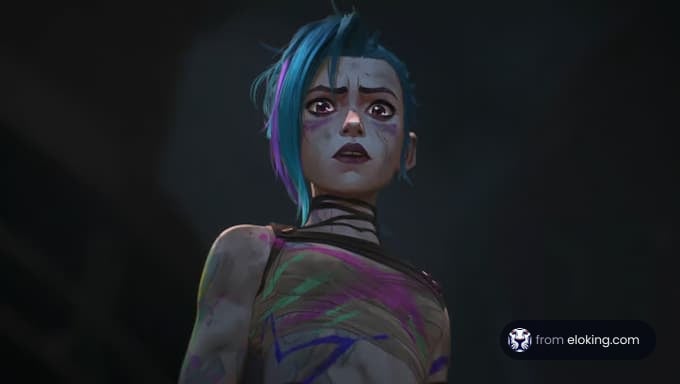 Futuristic woman with blue hair looking upwards in the dark