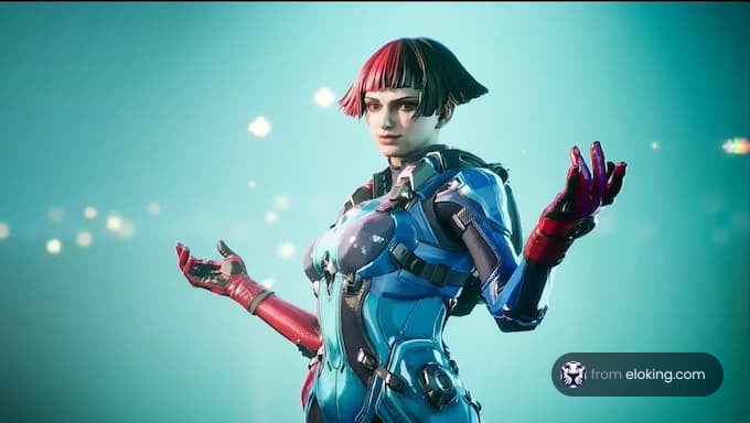 A futuristic female character in a blue suit with stylish hair.