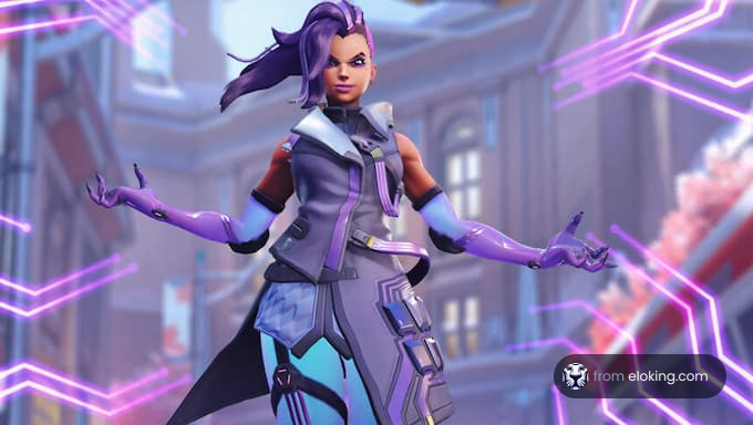 Female character with purple hair in a futuristic city environment