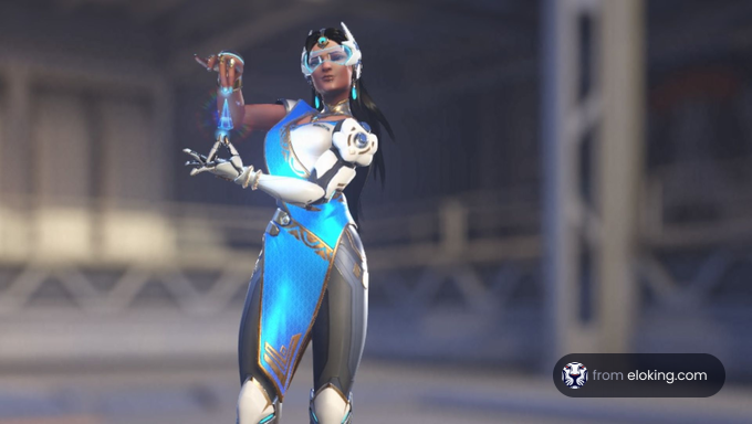 Futuristic female character with robotic limbs and blue outfit
