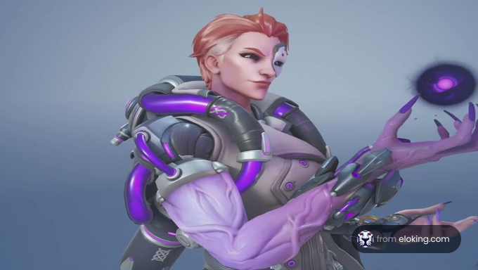 Futuristic female character with purple power gloves and sci-fi armor