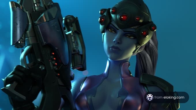 A futuristic female cyborg with a high-tech weapon and glowing red eyes