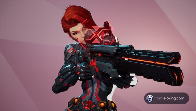 A futuristic female hero aiming with a gun