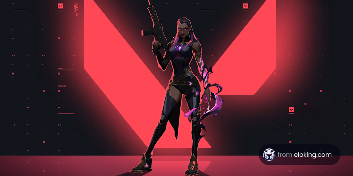 Futuristic female warrior with gun and energetic aura in a dynamic red background