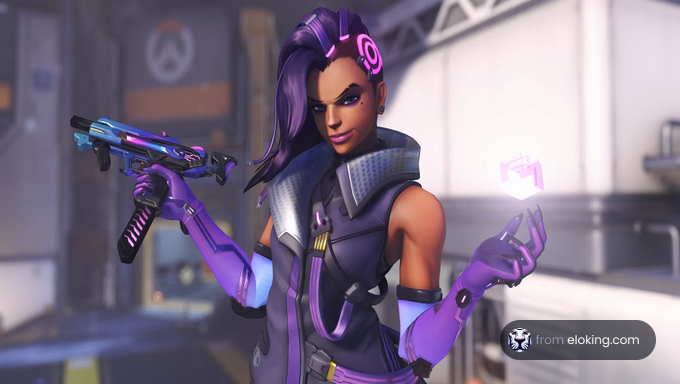 Female video game character wielding a futuristic gun and manipulating hologram