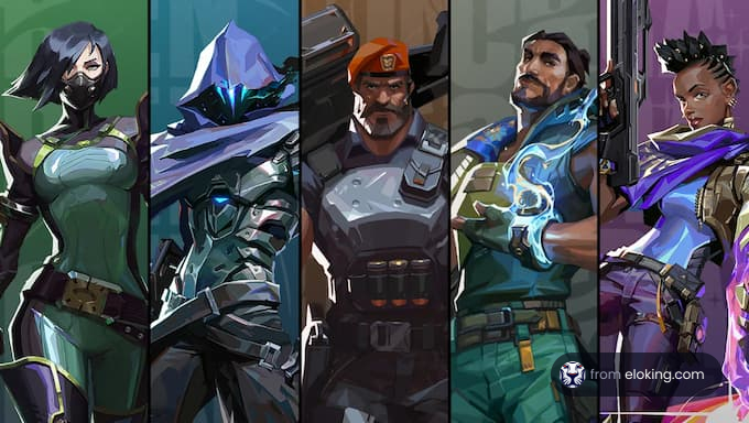 A lineup of five diverse futuristic game characters posing dramatically