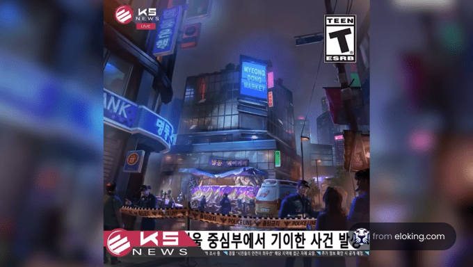 Colorful futuristic cityscape with neon signs and busy streets in a video game