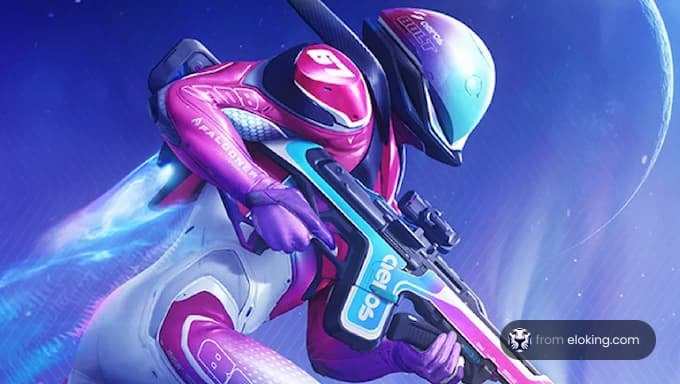A futuristic gamer in space, holding a sci-fi weapon.