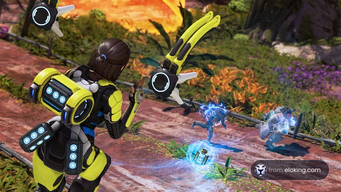 A futuristic gaming scenario with a character in a yellow suit interacting with digital elements.