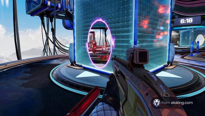 A futuristic gaming scene featuring a portal and a player with a weapon.