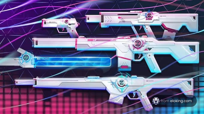 Futuristic geometric gaming guns against a pink and blue grid background