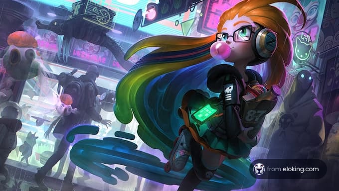 A futuristic girl with colorful hair in a vibrant cyberpunk setting.