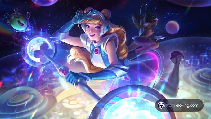 A young woman joyfully riding a futuristic scooter in a vibrant cosmic setting