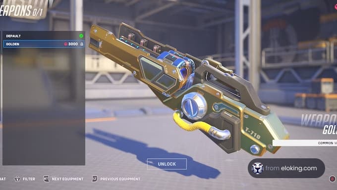 3D render of a futuristic golden gun with digital elements in a video game interface