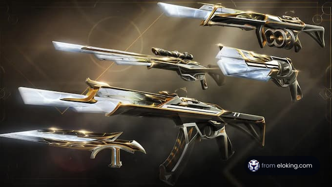 Collection of futuristic golden and white guns on a dark background