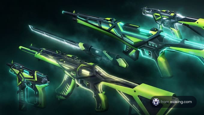 Array of futuristic weapons with green energy