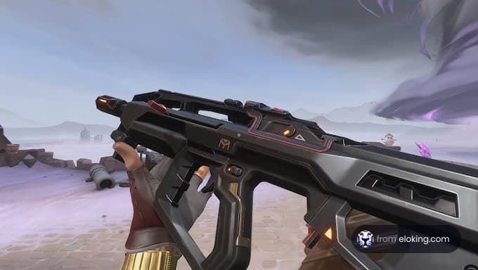 A futuristic gun held by a character in a mystical landscape.