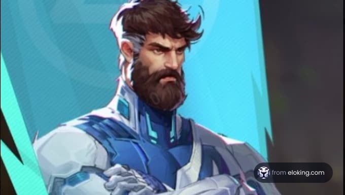 A futuristic hero character with a beard and intense expression