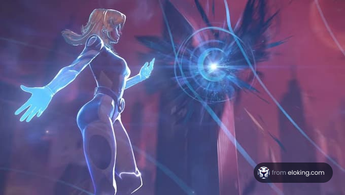 A futuristic heroine harnessing light energy in a vibrant cosmic setting.