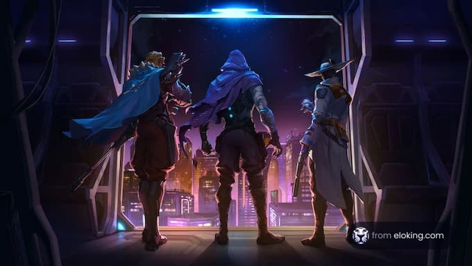 Three futuristic heroes standing at a portal overlooking a city