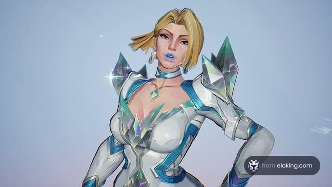 A futuristic heroine in armor with crystals.